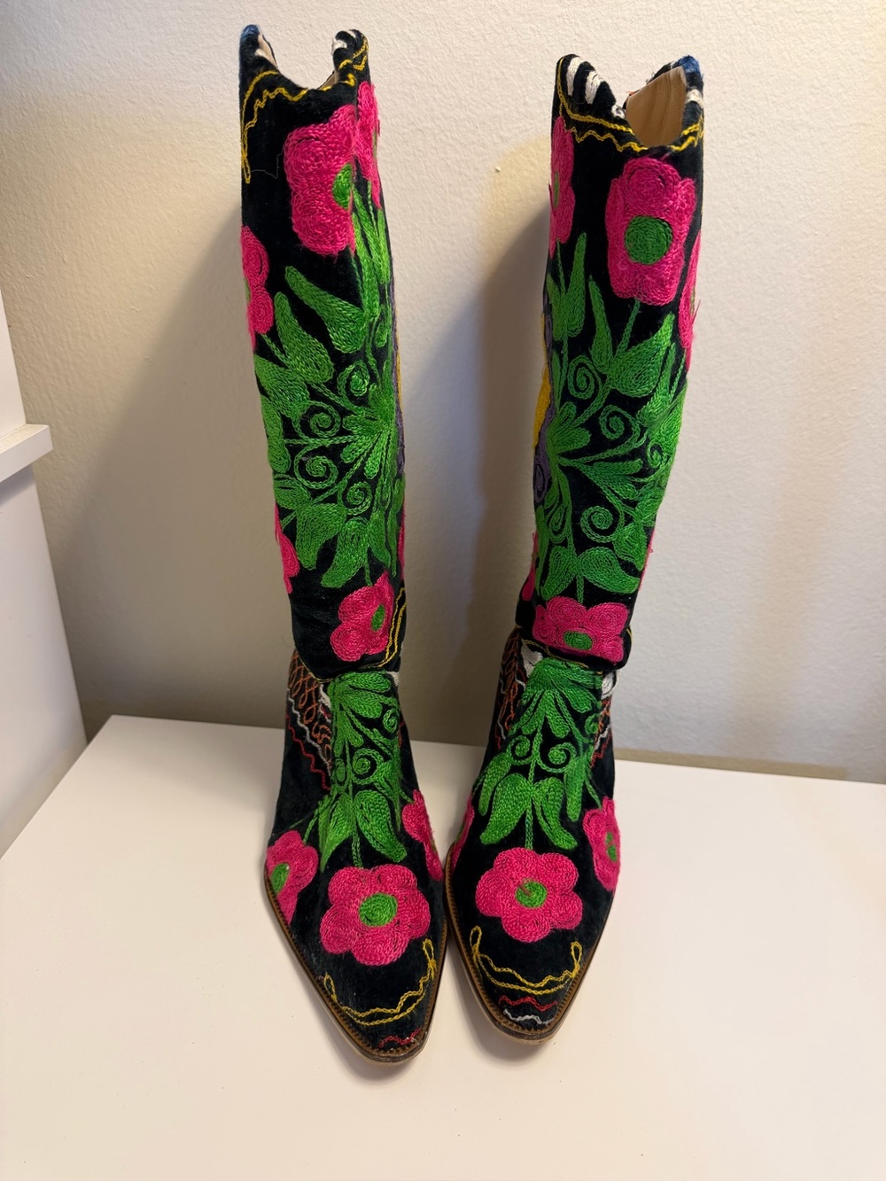 Women's Knee-High Embroidered Floral Boots - Black with Pink & Green - Picture 1 of 8